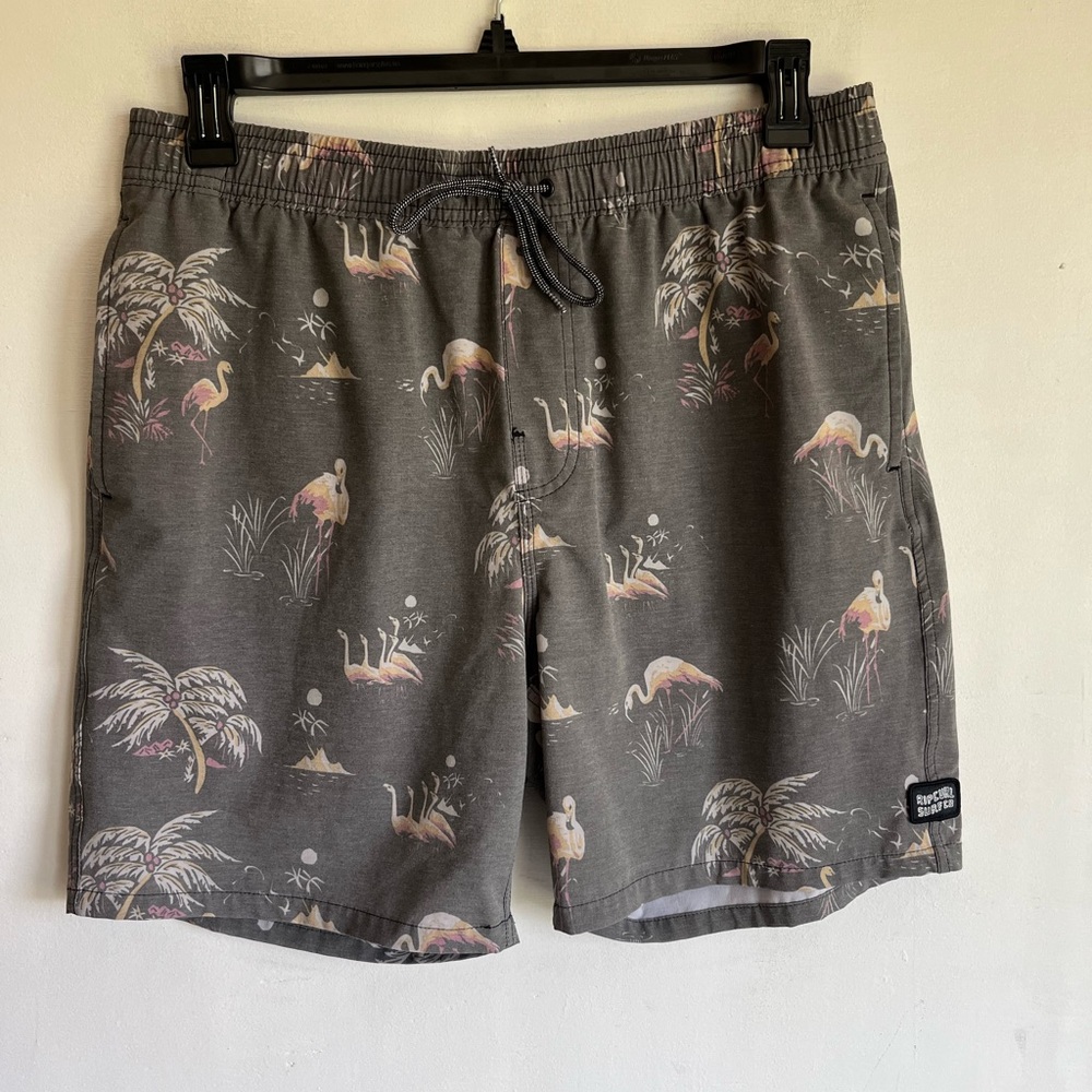 Rip Curl lay days Gray and Orange Swim Trunks with Tropical Print and flamingos.
